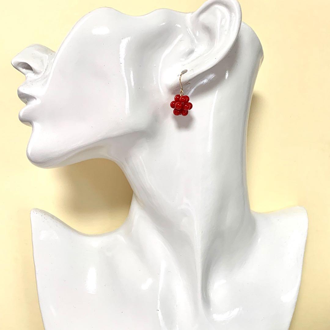 【Rtav】特価 K18 赤珊瑚 赤さんご フラワーキューブ型 フックピアス