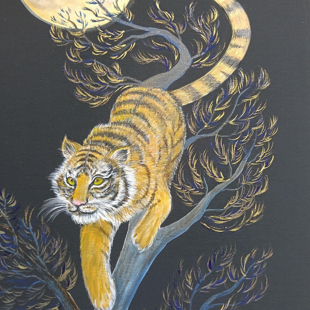 No.527 F4 キャンバス 原画アクリル画 虎 満月 開運絵画