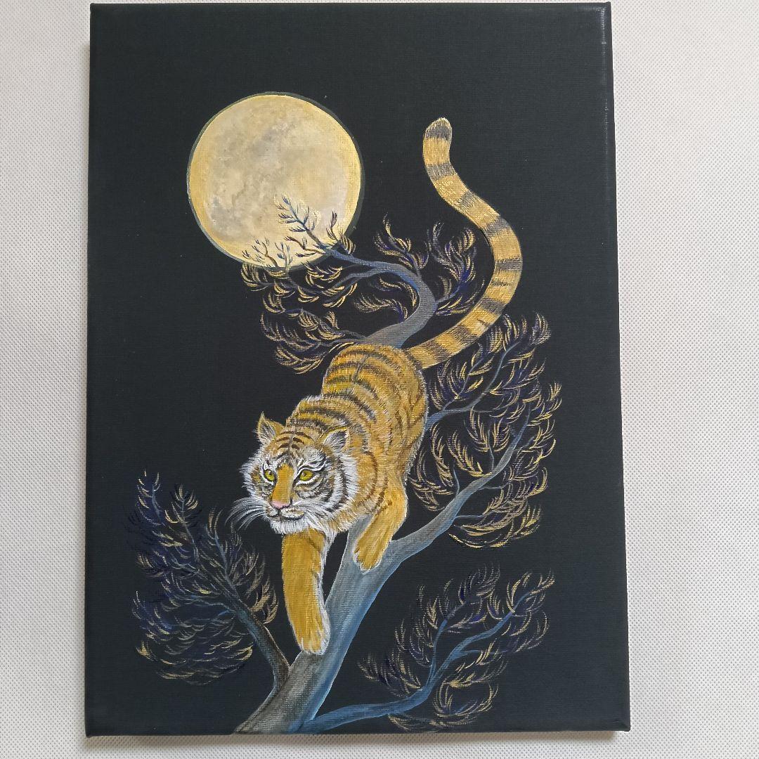 No.527 F4 キャンバス 原画アクリル画 虎 満月 開運絵画