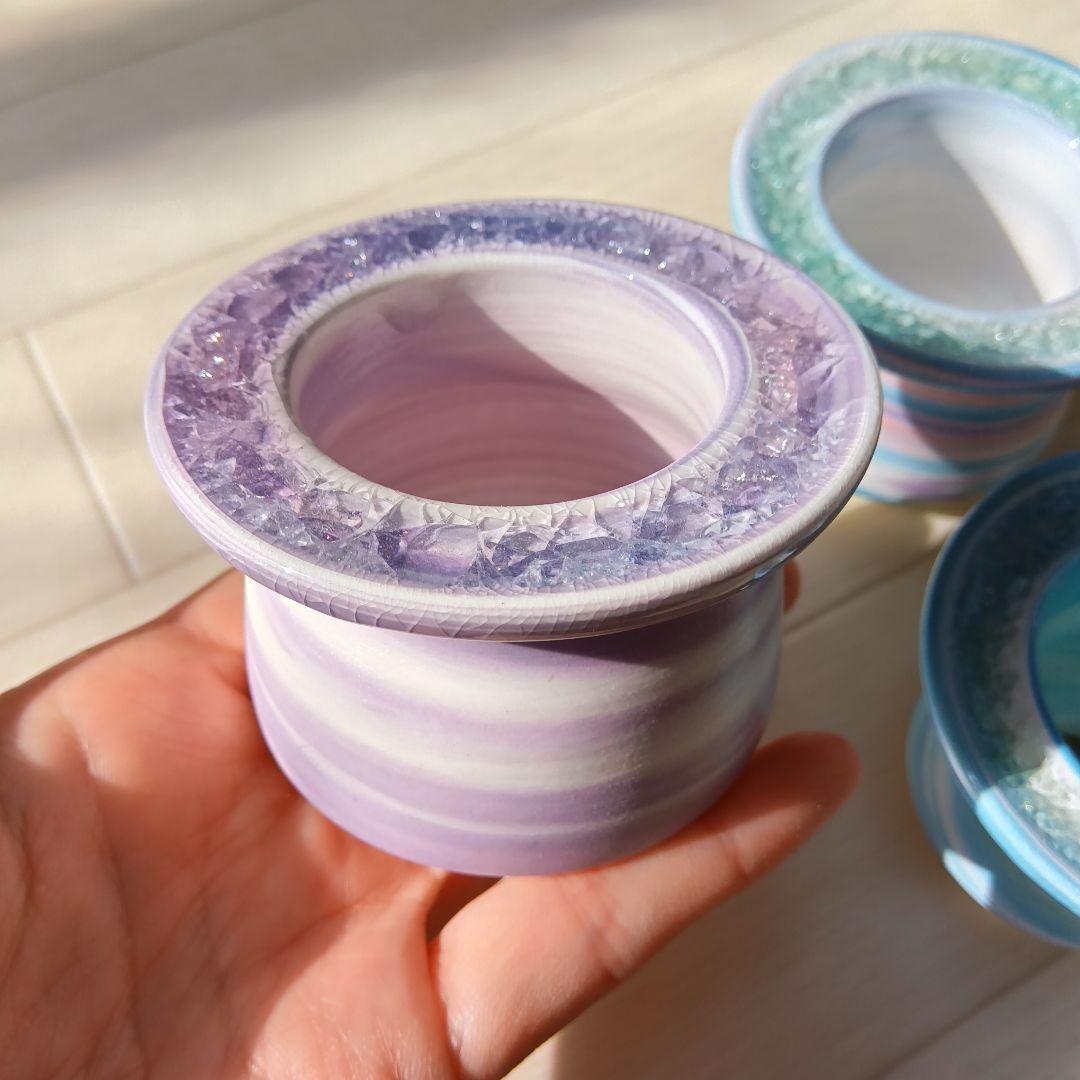 まるで宝石　キラキラ　手作り陶器ガラス鉢　グラデーション　マーブル　多肉植物に