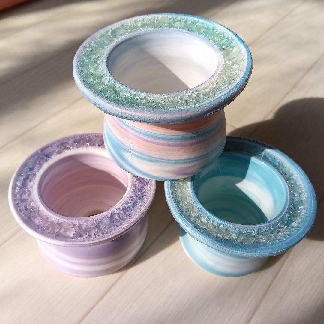 まるで宝石　キラキラ　手作り陶器ガラス鉢　グラデーション　マーブル　多肉植物に