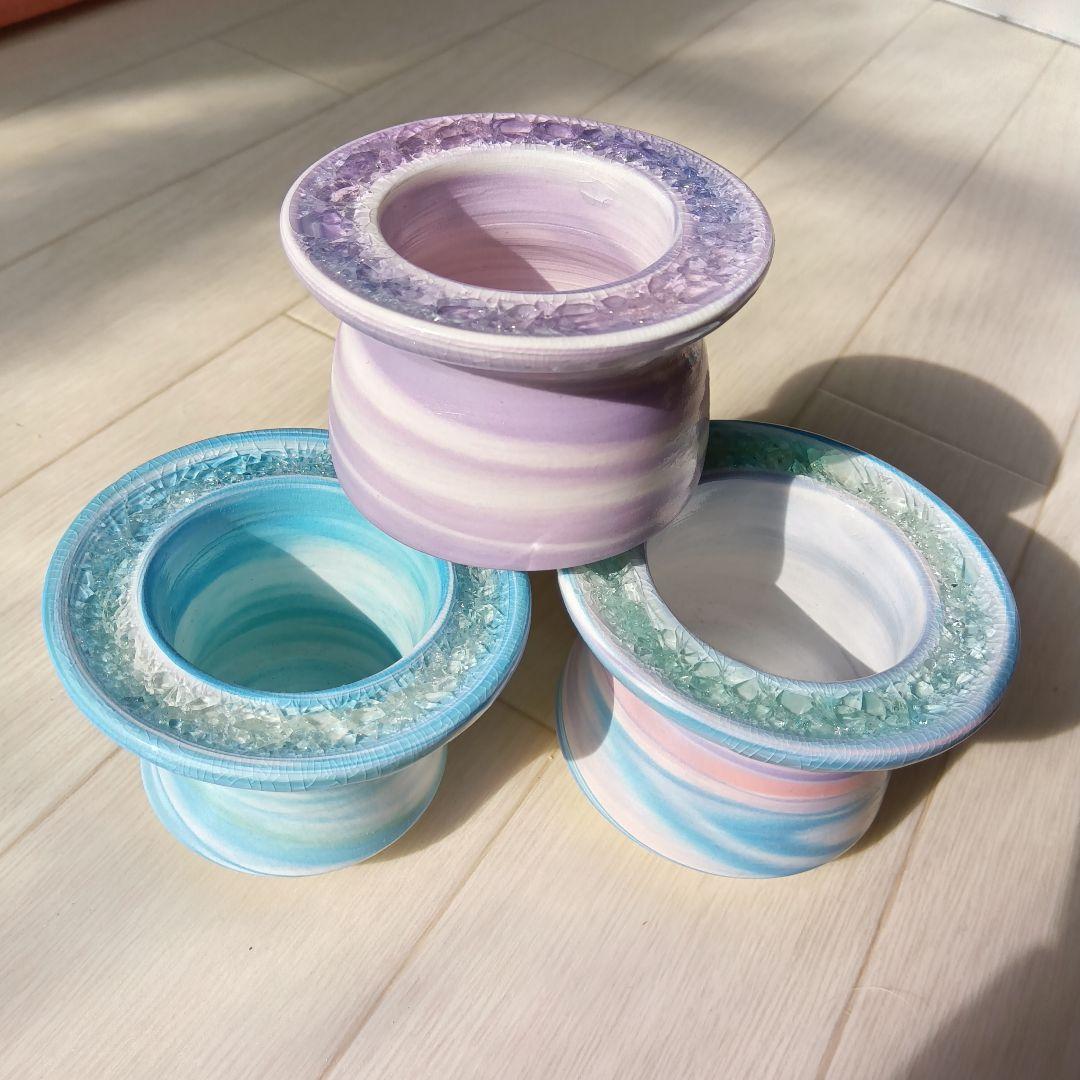まるで宝石　キラキラ　手作り陶器ガラス鉢　グラデーション　マーブル　多肉植物に