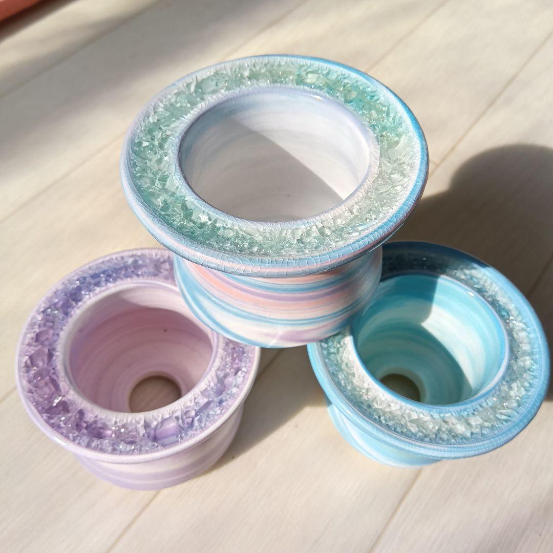 まるで宝石　キラキラ　手作り陶器ガラス鉢　グラデーション　マーブル　多肉植物に