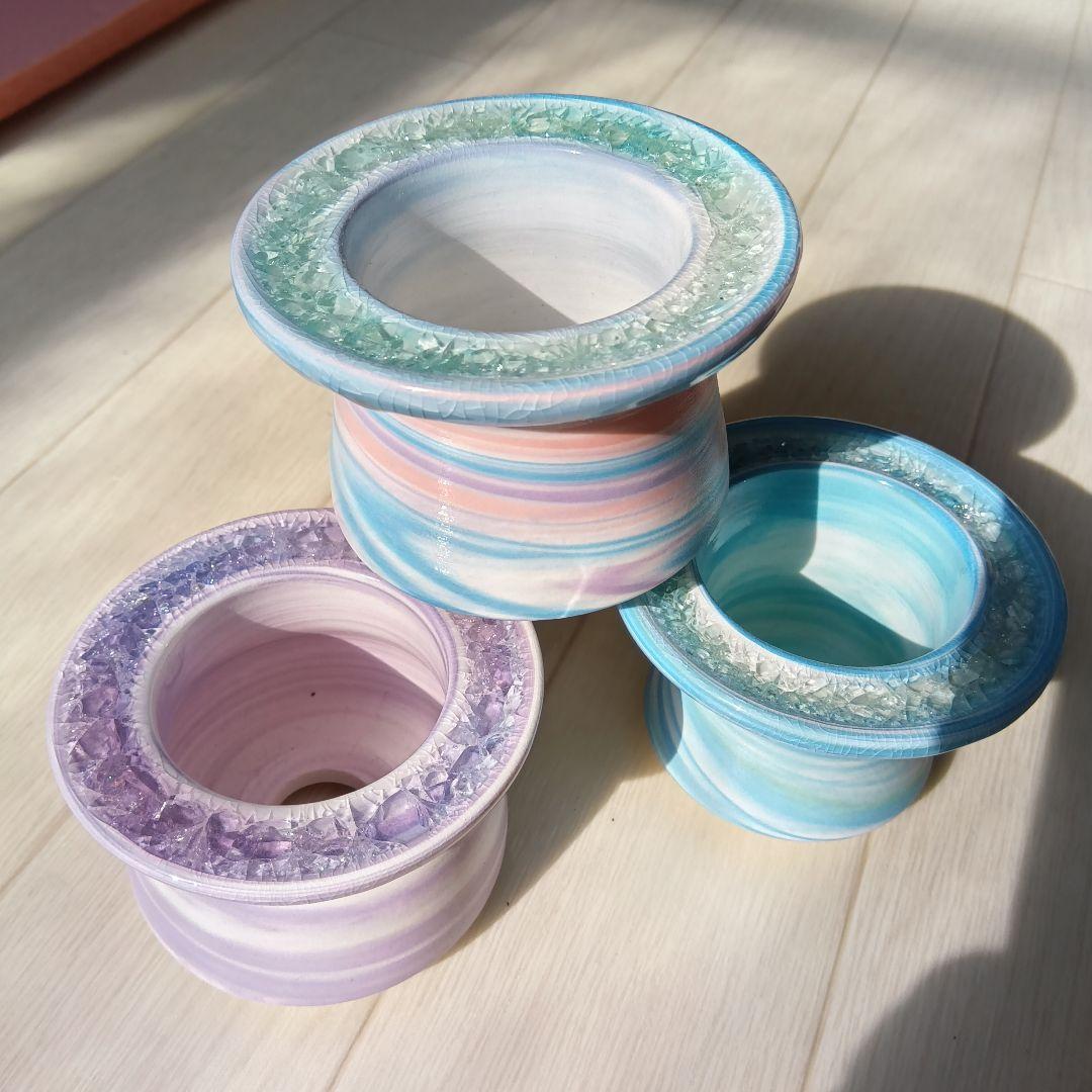 まるで宝石　キラキラ　手作り陶器ガラス鉢　グラデーション　マーブル　多肉植物に