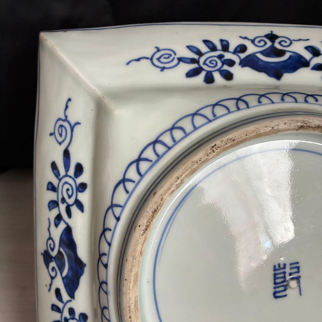 時代物 染付 約28㌢　牡丹文 角皿 飾り皿 盛皿 大皿　年代物　骨董　器