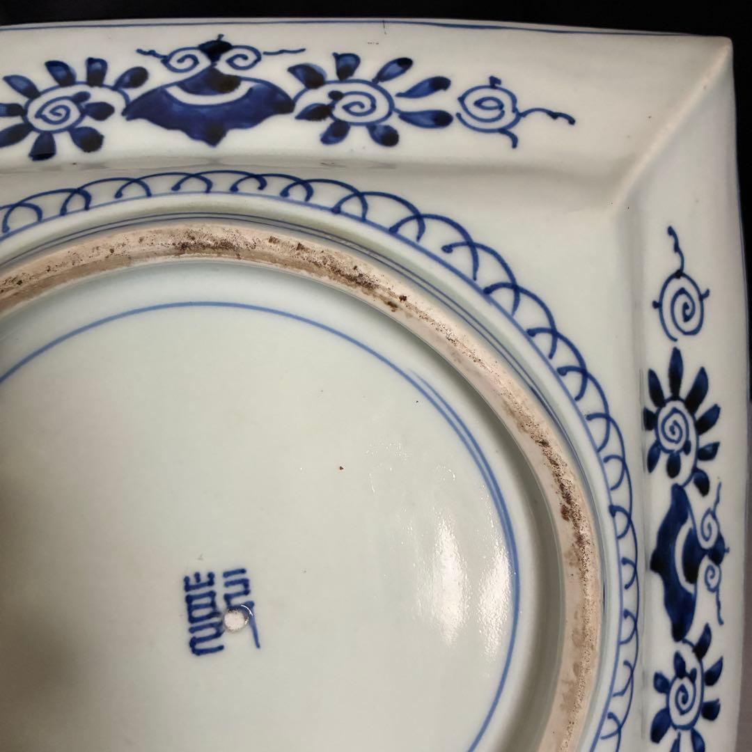 時代物 染付 約28㌢　牡丹文 角皿 飾り皿 盛皿 大皿　年代物　骨董　器
