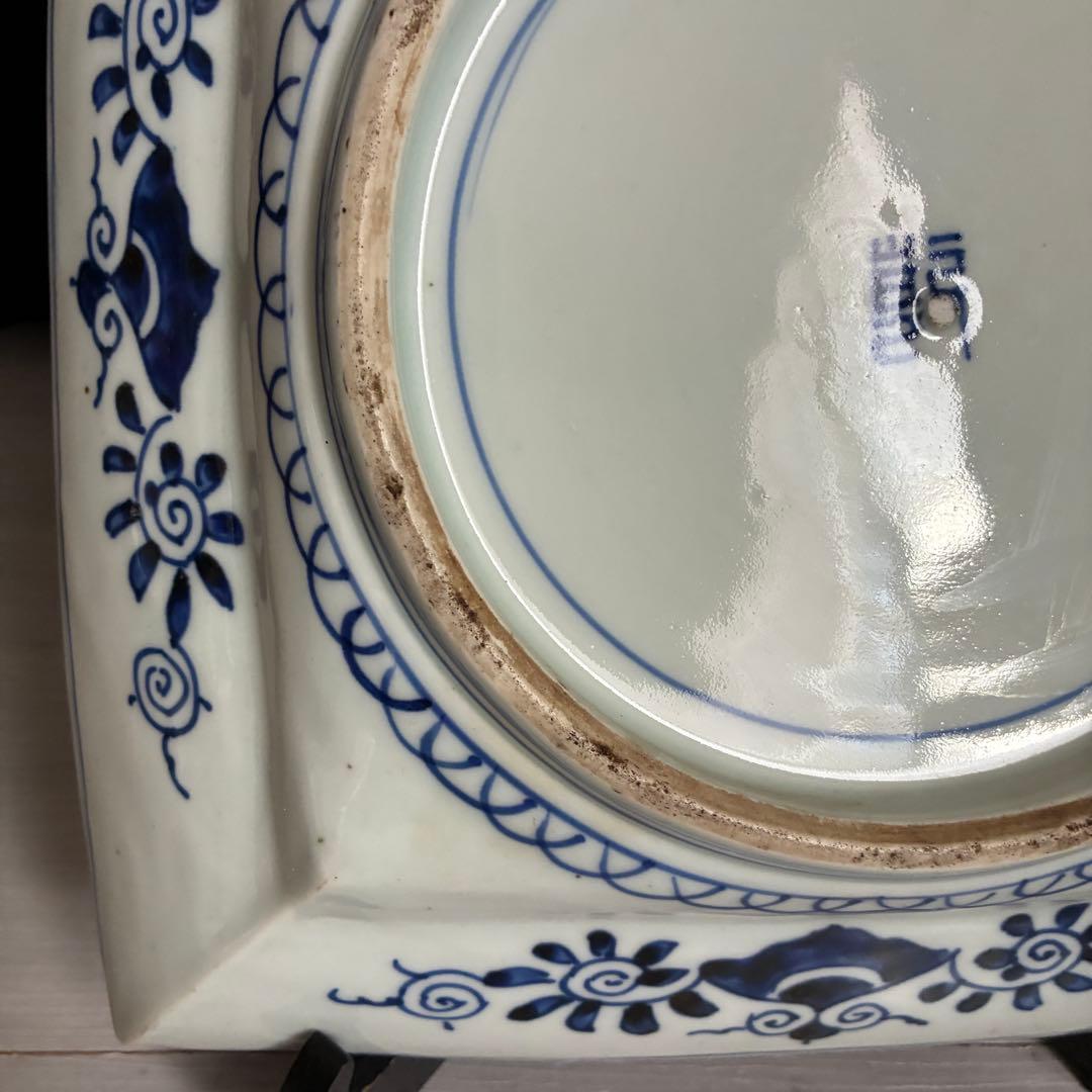 時代物 染付 約28㌢　牡丹文 角皿 飾り皿 盛皿 大皿　年代物　骨董　器