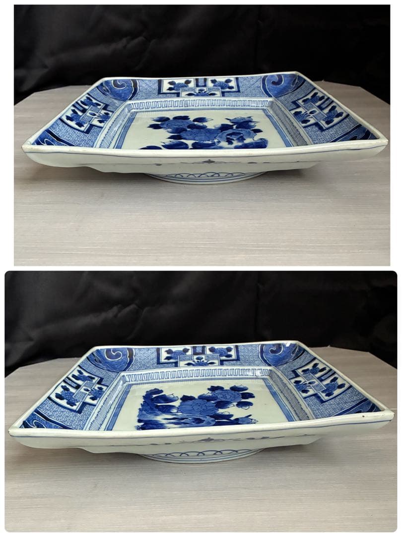 時代物 染付 約28㌢　牡丹文 角皿 飾り皿 盛皿 大皿　年代物　骨董　器