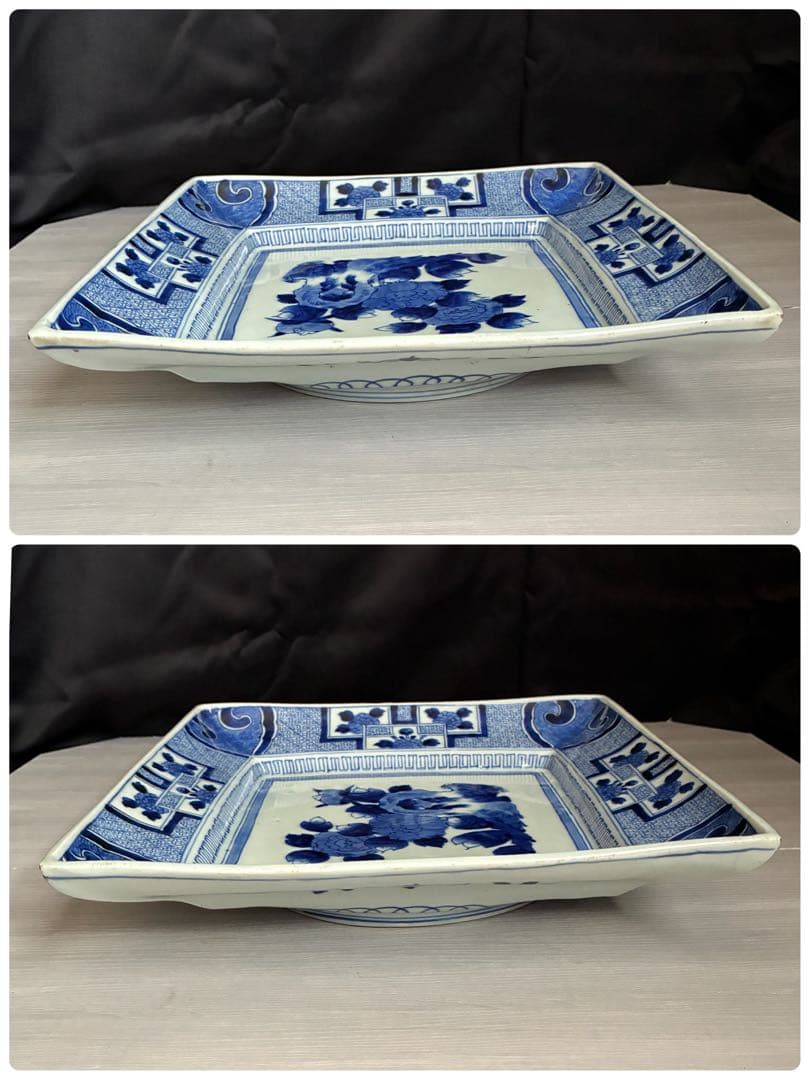 時代物 染付 約28㌢　牡丹文 角皿 飾り皿 盛皿 大皿　年代物　骨董　器