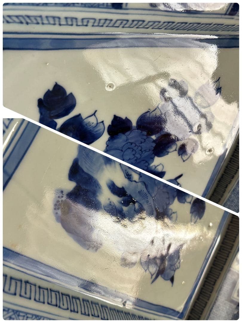 時代物 染付 約28㌢　牡丹文 角皿 飾り皿 盛皿 大皿　年代物　骨董　器