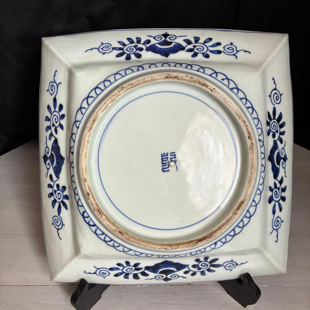 時代物 染付 約28㌢　牡丹文 角皿 飾り皿 盛皿 大皿　年代物　骨董　器