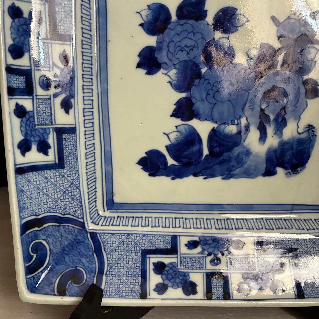 時代物 染付 約28㌢　牡丹文 角皿 飾り皿 盛皿 大皿　年代物　骨董　器