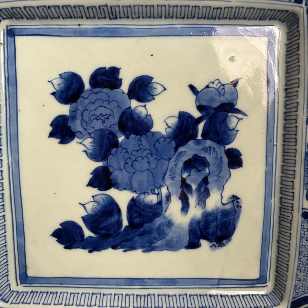 時代物 染付 約28㌢　牡丹文 角皿 飾り皿 盛皿 大皿　年代物　骨董　器