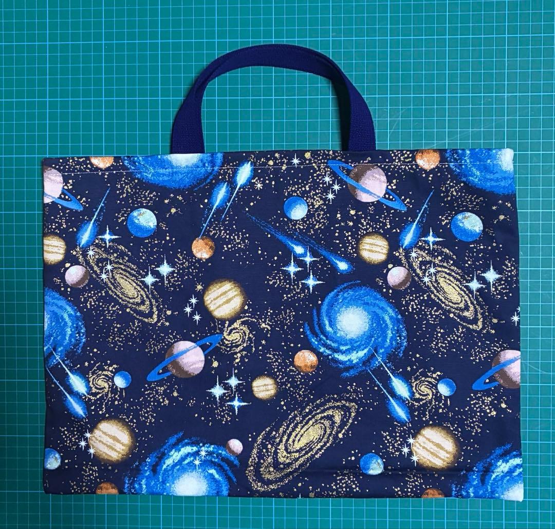 うー様確認用　宇宙柄　ネイビー×ゴールド　内ポケット付きレッスンバッグ