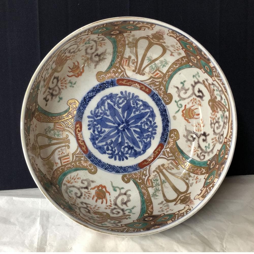 きなこ　e3001 古伊万里 色絵 鉢 径22cm 二重高台