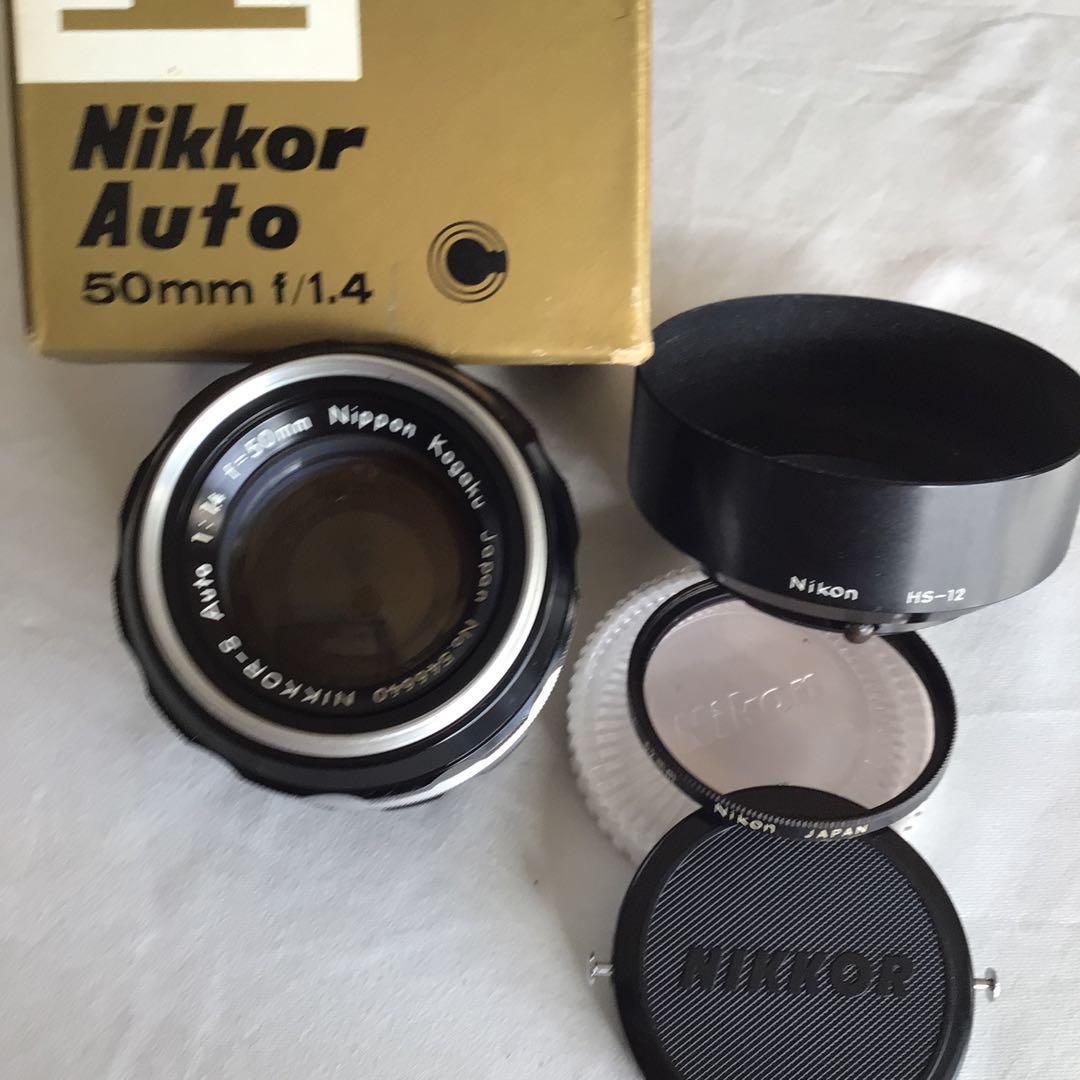 日本光学50mm f1.4元箱付、フードHS-12付、ニコマートFTN付セット