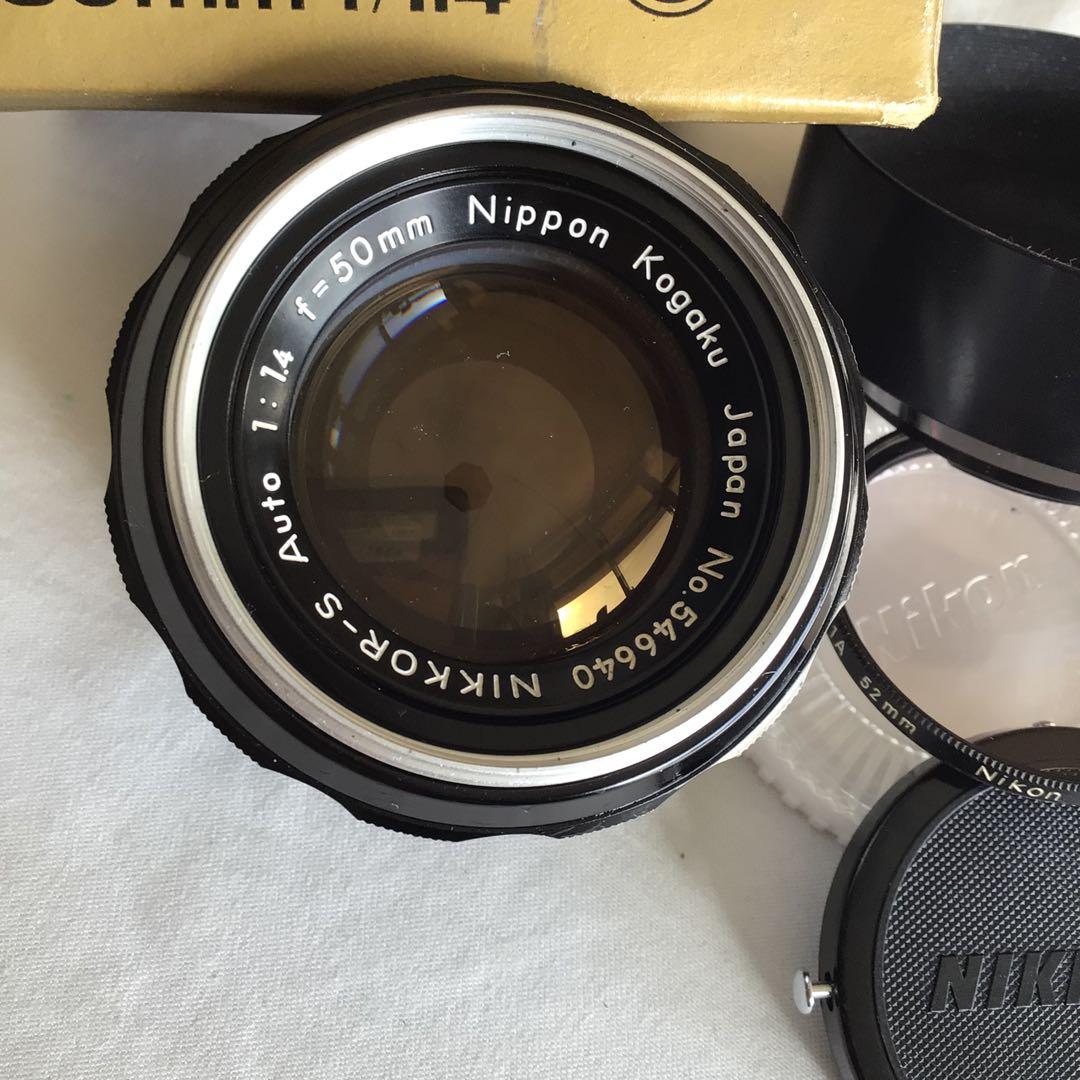 日本光学50mm f1.4元箱付、フードHS-12付、ニコマートFTN付セット