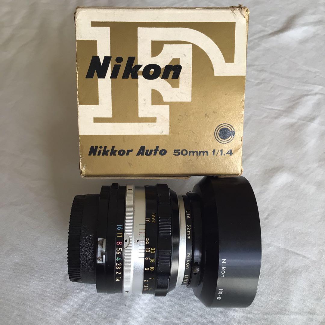 日本光学50mm f1.4元箱付、フードHS-12付、ニコマートFTN付セット