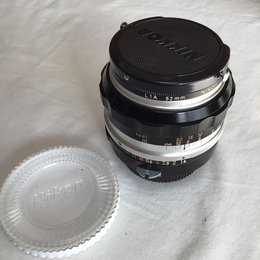 日本光学50mm f1.4元箱付、フードHS-12付、ニコマートFTN付セット