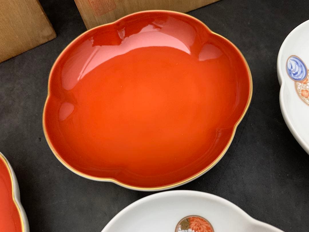宮内庁御用達　深川製磁　睦皿揃　寿赤絵2枚セット×2点/4枚　共箱　深川製