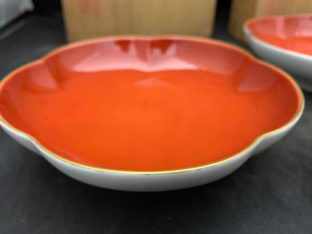 宮内庁御用達　深川製磁　睦皿揃　寿赤絵2枚セット×2点/4枚　共箱　深川製