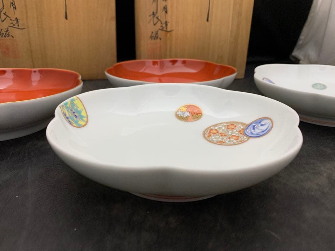 宮内庁御用達　深川製磁　睦皿揃　寿赤絵2枚セット×2点/4枚　共箱　深川製