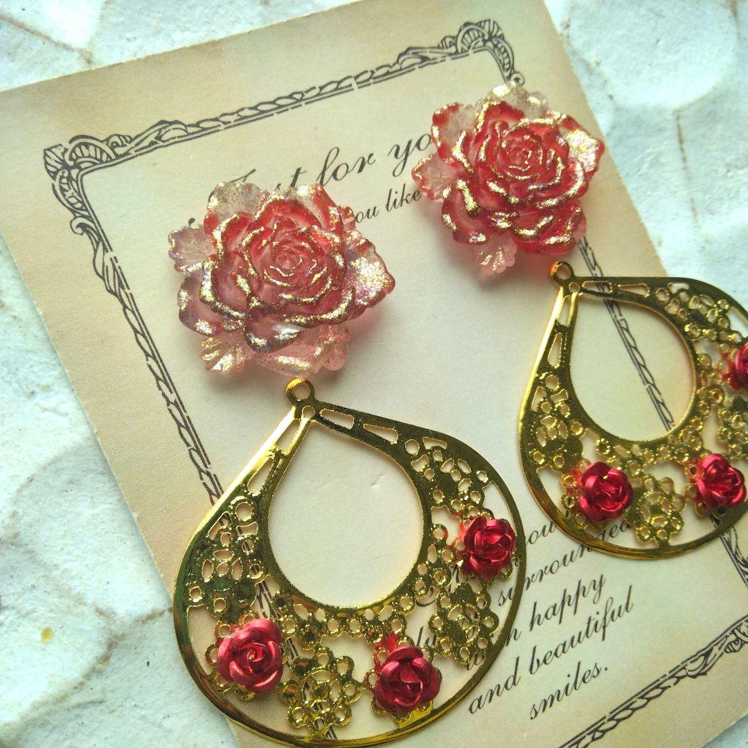 大ぶり　赤　フラメンコ　ベリーダンス　薔薇　花　ボタン　ピアス　イヤリング