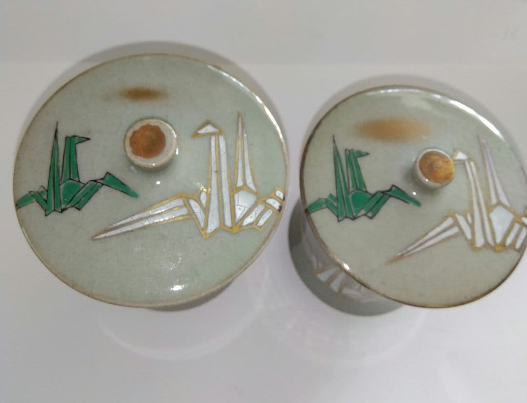 【昭和レトロ】年代物♦貫入九谷焼…蓋付き✰集山九谷✰夫婦湯呑み２個セット✰