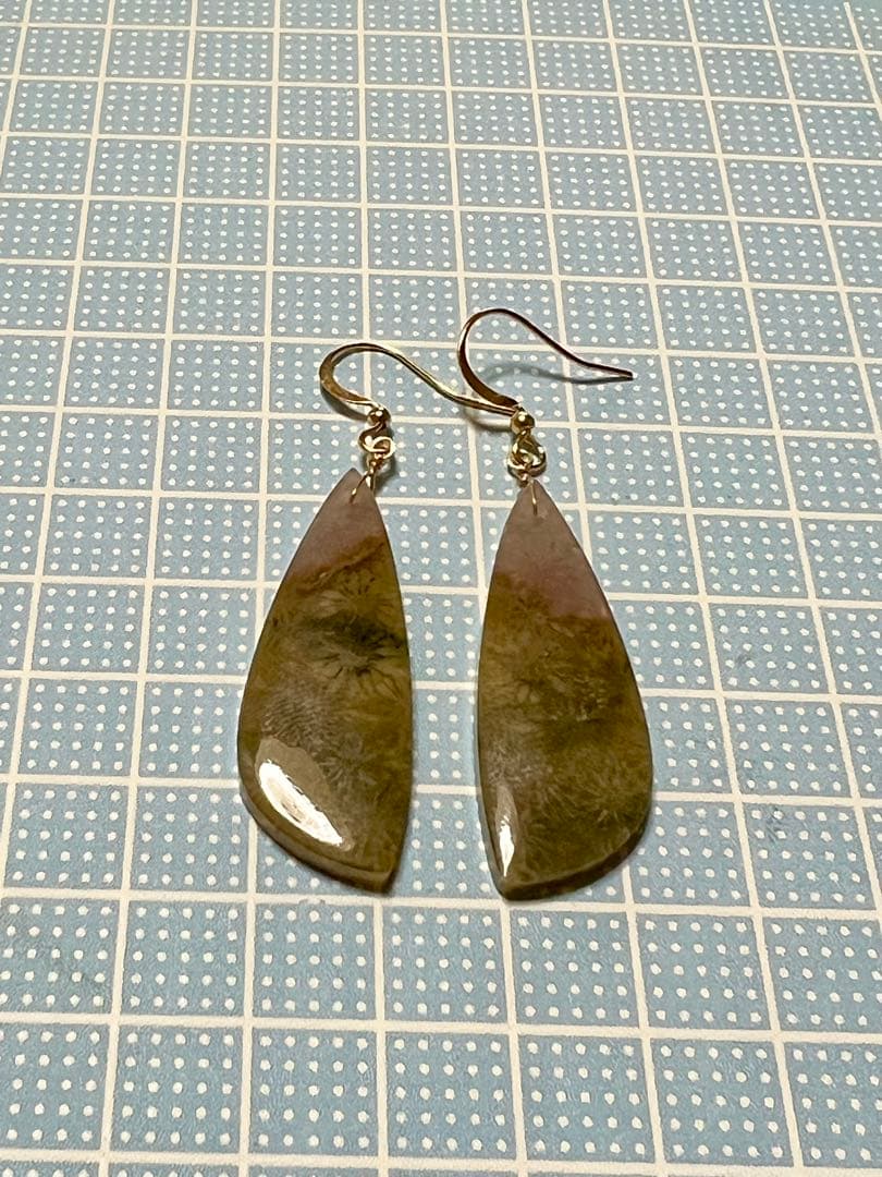 大粒　バイカラー　フォッシルコーラル　14kgf ピアス