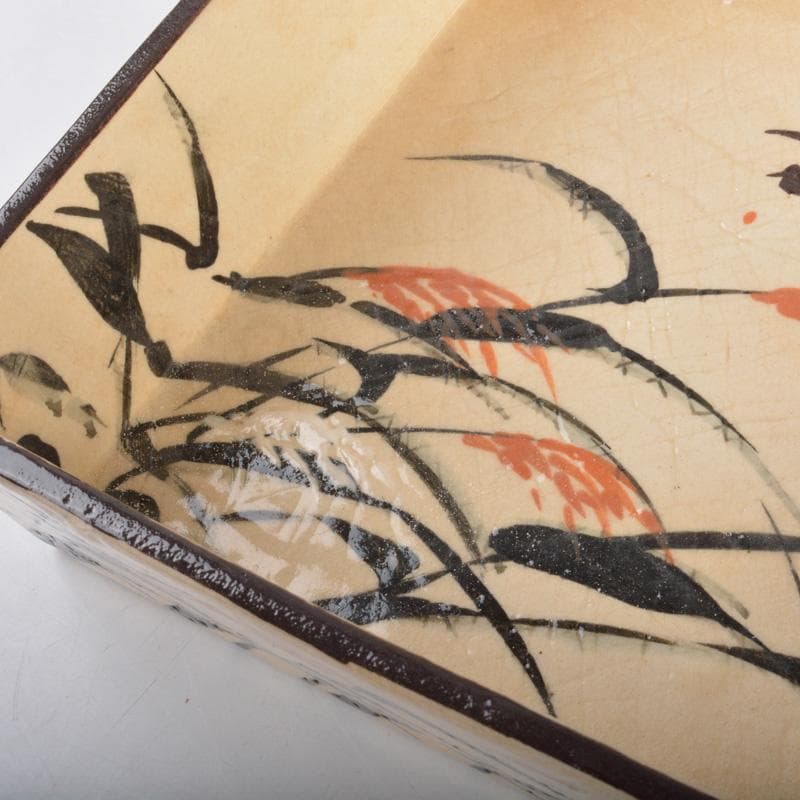 大東製陶　色絵草鳥文　四方鉢　共布　時代箱付　C　6677