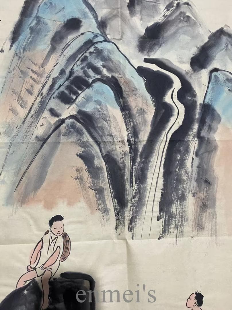 中国古美術『李可染様式 牧牛図』宣紙画芯 模写 水墨画 肉筆 書画 旧蔵 古玩