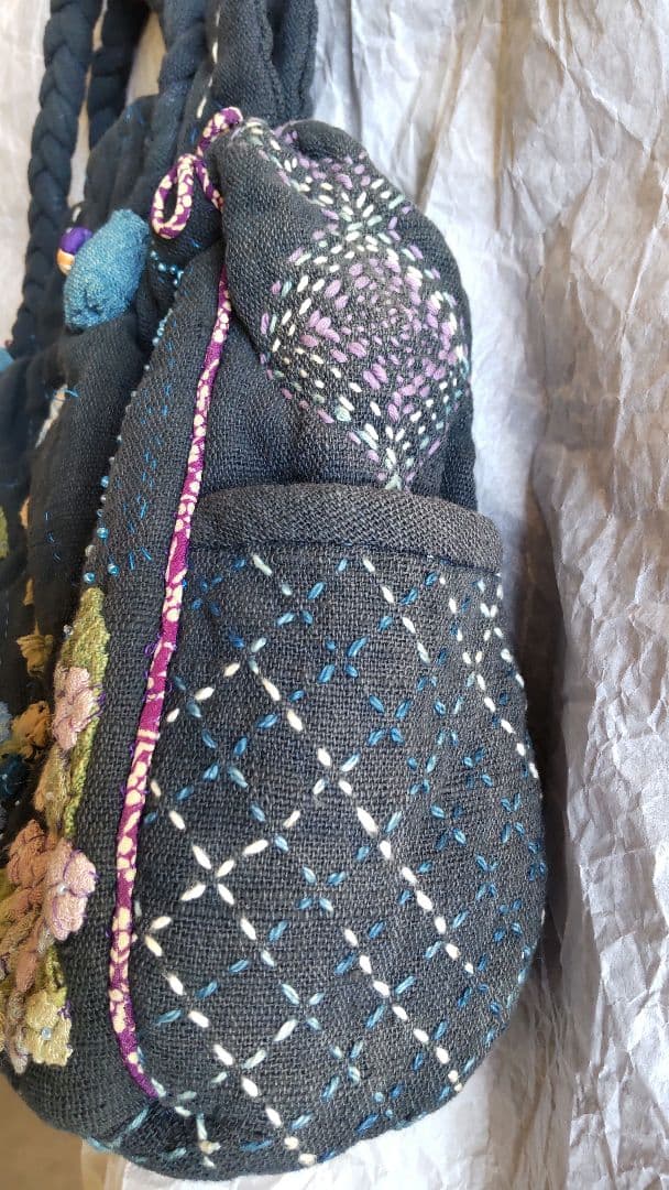 ハンドメイド バッグ 紫陽花 パッチワーク 刺し子 木綿 藍染 古布 銘仙