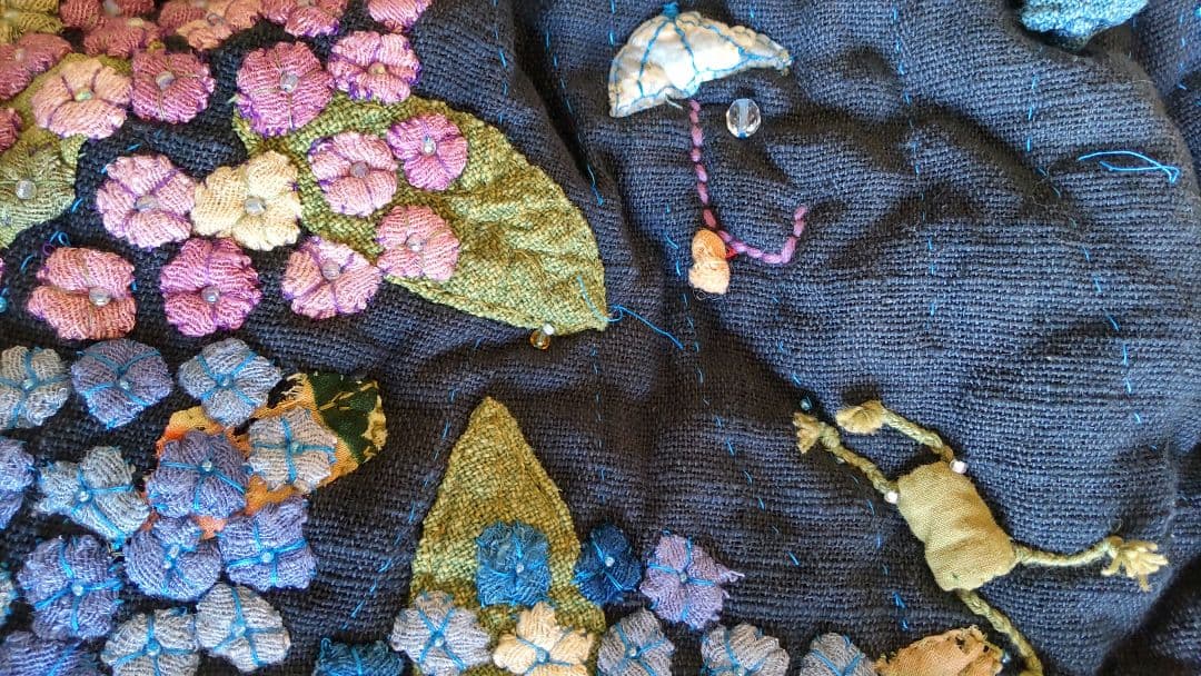 ハンドメイド バッグ 紫陽花 パッチワーク 刺し子 木綿 藍染 古布 銘仙