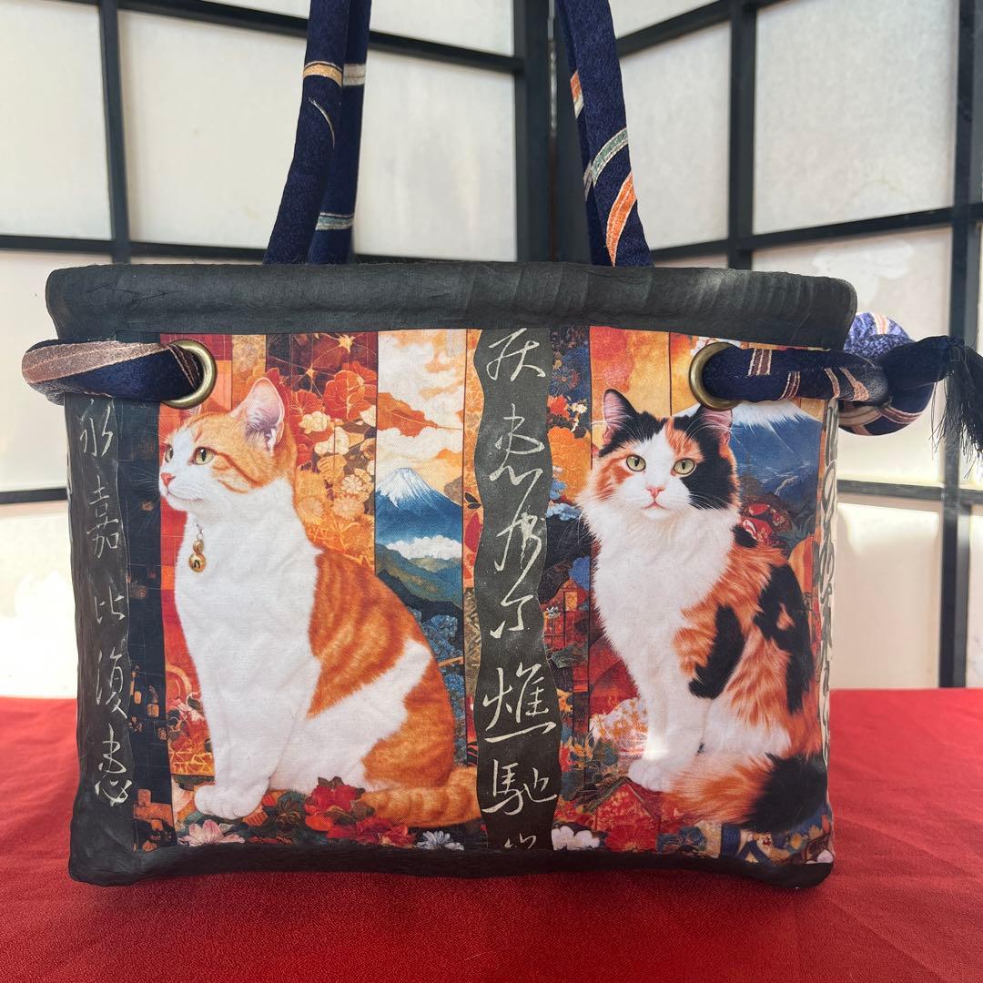 和猫 一閑張り バッグ かごバッグ ハンドバッグ 茶トラ キジトラ