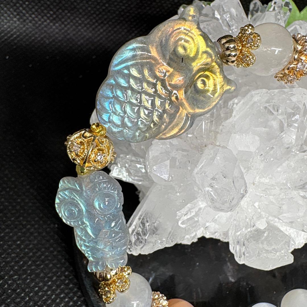 【高品質】ラブラドライト　親子フクロウ　ムーンストーン　ピーチムーンストーン