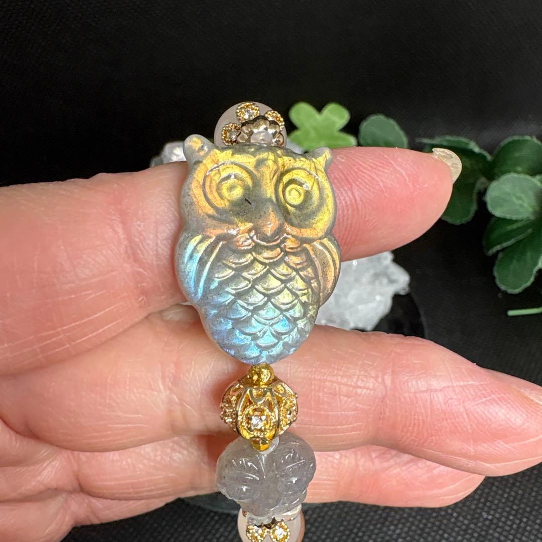 【高品質】ラブラドライト　親子フクロウ　ムーンストーン　ピーチムーンストーン