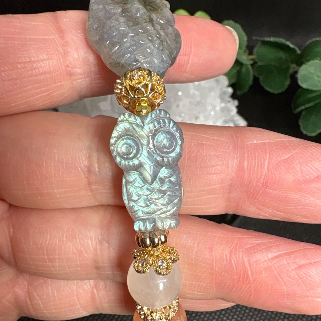 【高品質】ラブラドライト　親子フクロウ　ムーンストーン　ピーチムーンストーン