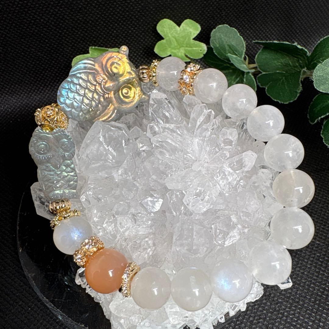 【高品質】ラブラドライト　親子フクロウ　ムーンストーン　ピーチムーンストーン