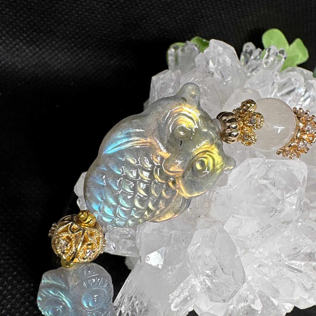 【高品質】ラブラドライト　親子フクロウ　ムーンストーン　ピーチムーンストーン