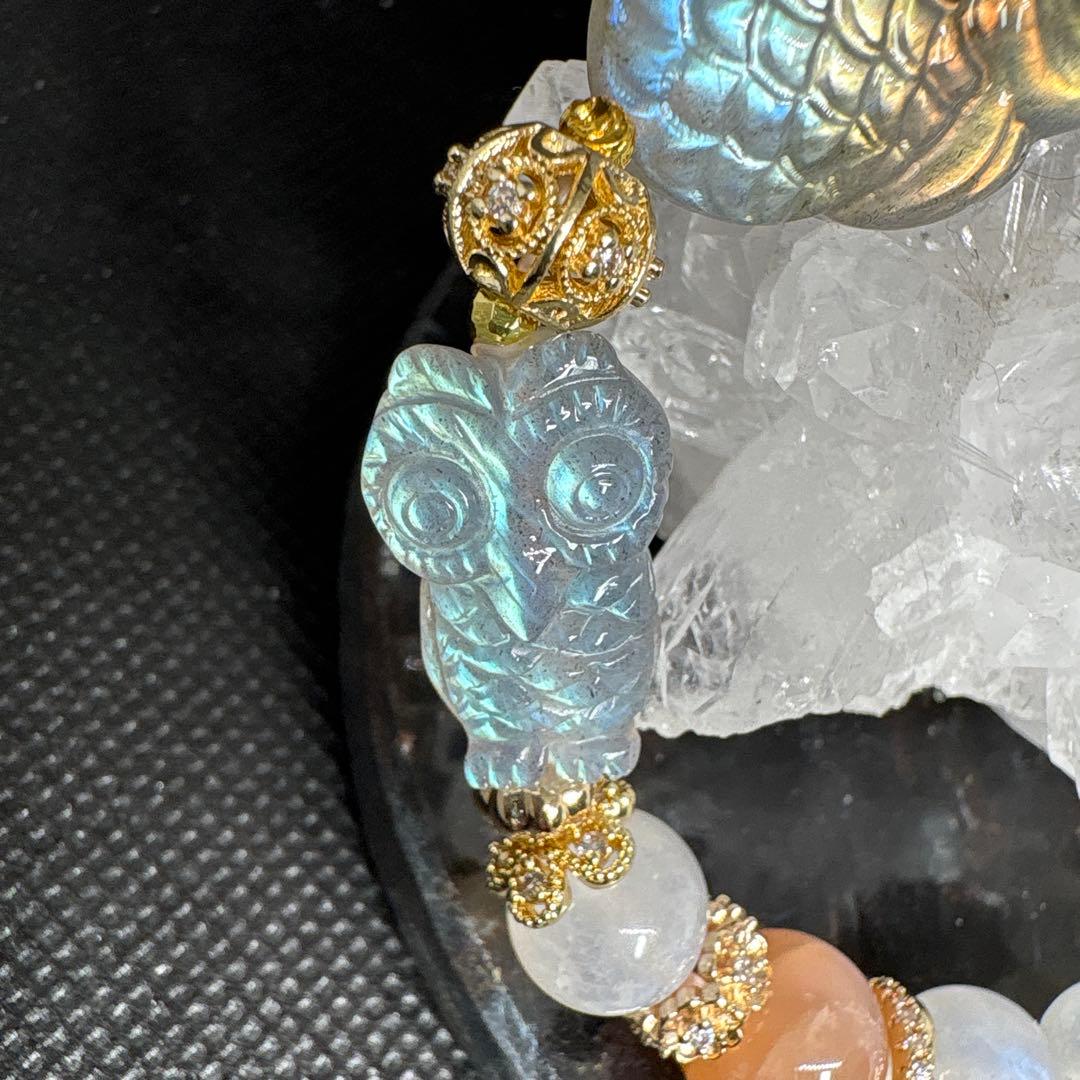 【高品質】ラブラドライト　親子フクロウ　ムーンストーン　ピーチムーンストーン