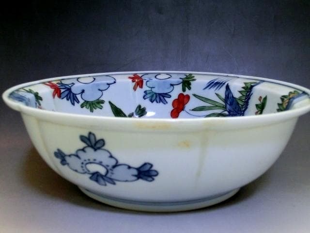 鉢■色絵染付「弥左衛門」花唐草 鳥 花弁型 丸鉢 平鉢 菓子器 時代物 骨董品■