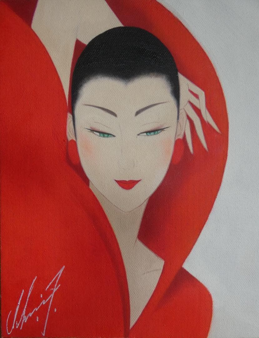 絵画 人物 鶴田一郎「赤美人」 サイン 額装済み 肉筆手描き F6