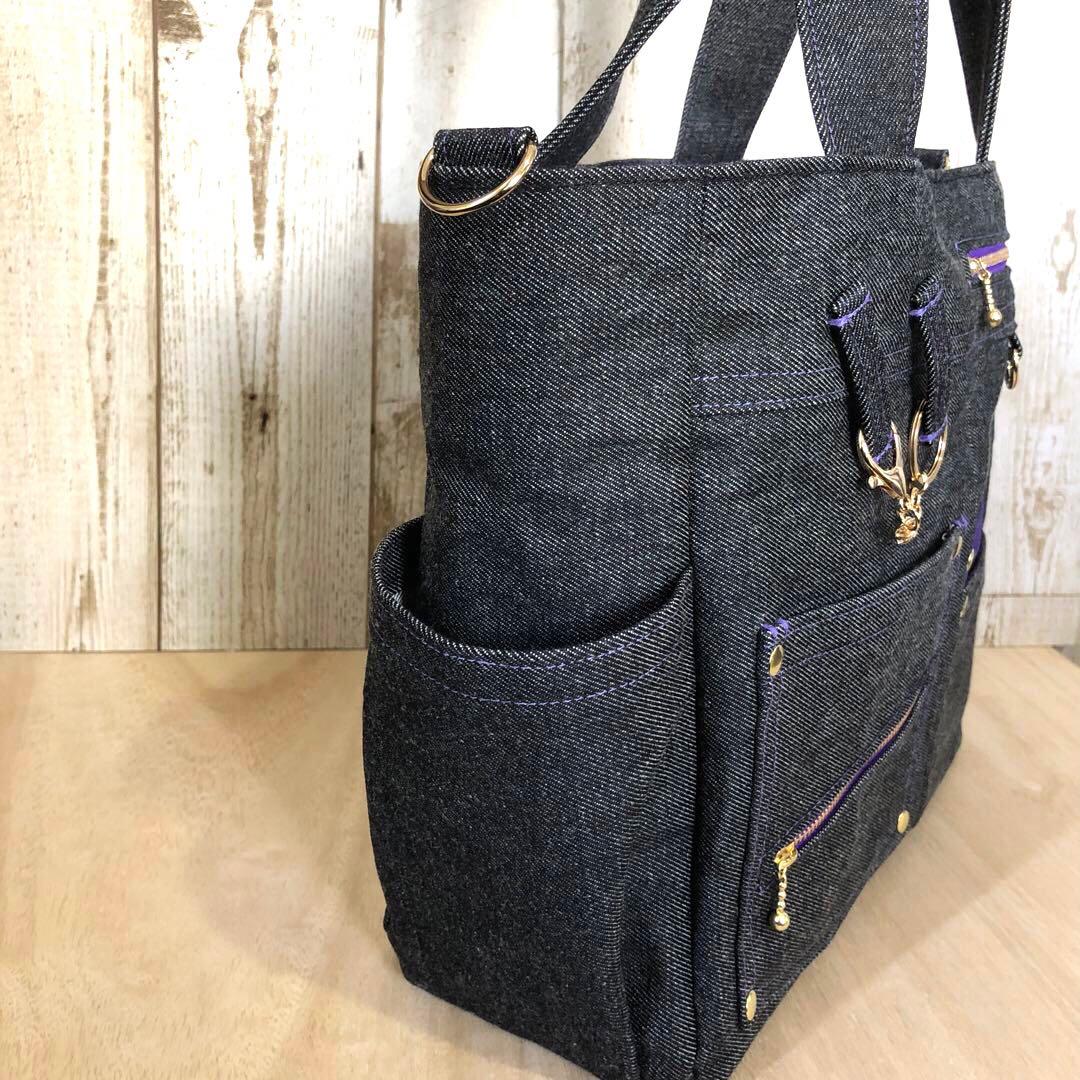 トートバッグ　ハンドメイド　デニムリメイク ブラック×パープル【新品デニム】