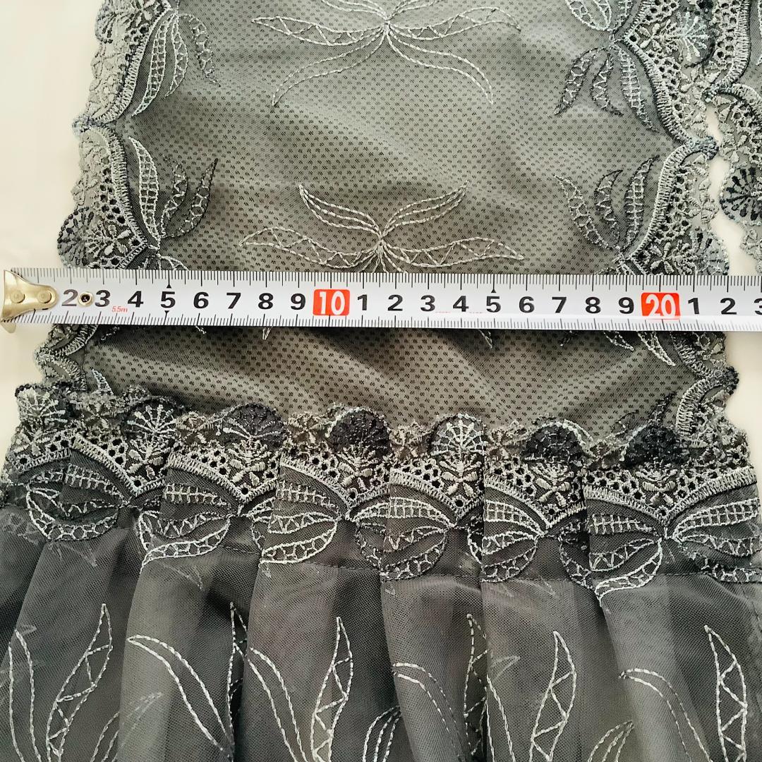 １点のみ　総レースクールタオル　ストール　２段ギャザーレース　グレー&ブラック