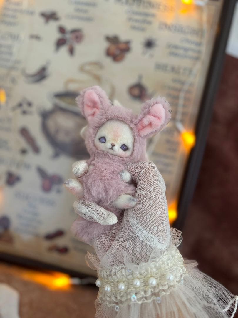 アートドール　桃うさ幻獣　羊毛フェルト