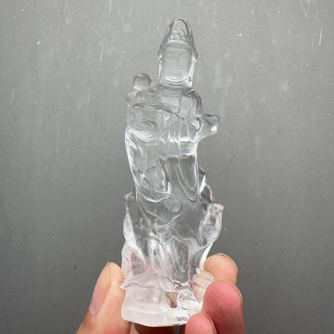 天然石 水晶の觀音様　置物　彫り物F.76
