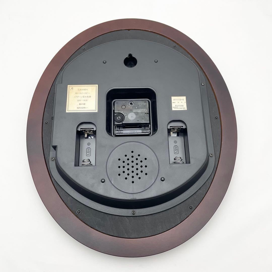 【美品】リズム時計 オーバル型掛時計 花柄 木目 メロディ シチズン