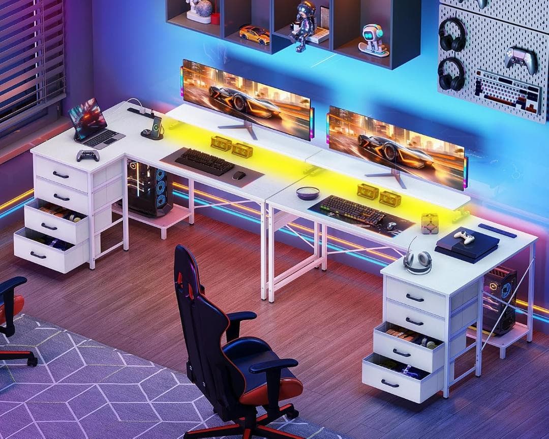 パソコンデスク 幅140 モニター台・LED・コンセント・引き出し付 ホワイト