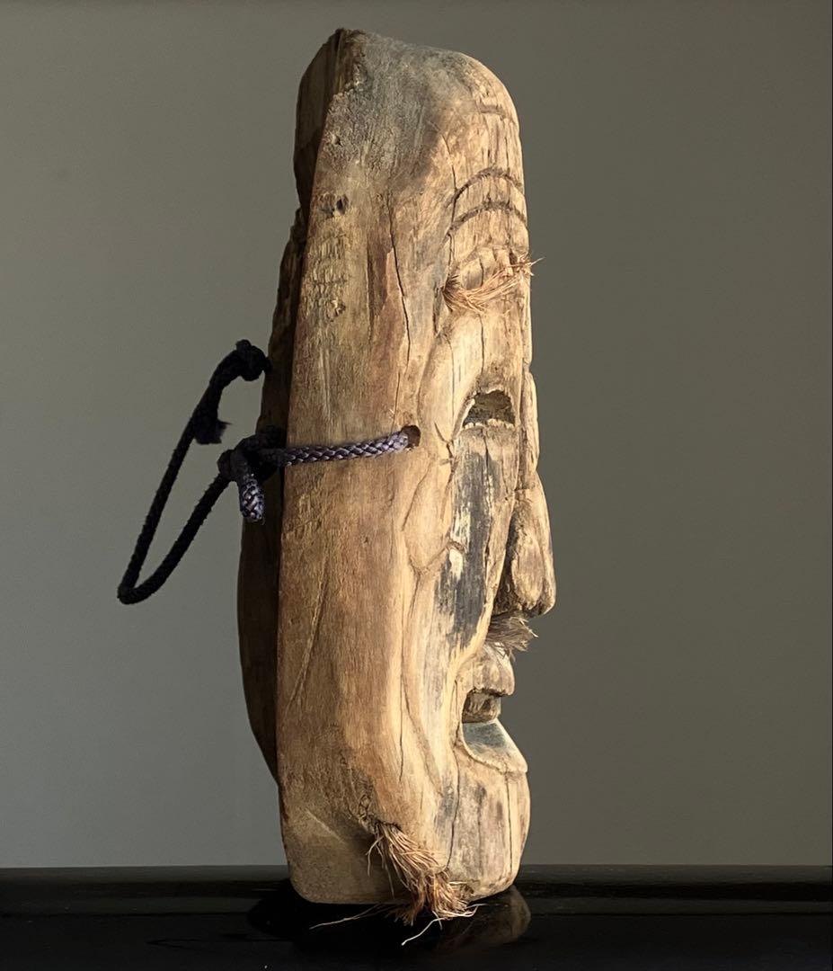 【笑山神 民間信仰古面 約25㎝ 焼印 木彫 江戸後期頃】郷土玩具民藝田楽面厄除