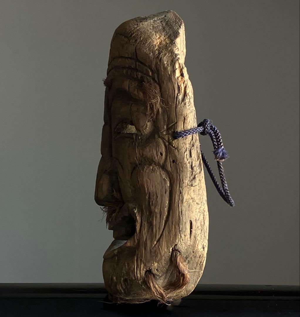 【笑山神 民間信仰古面 約25㎝ 焼印 木彫 江戸後期頃】郷土玩具民藝田楽面厄除